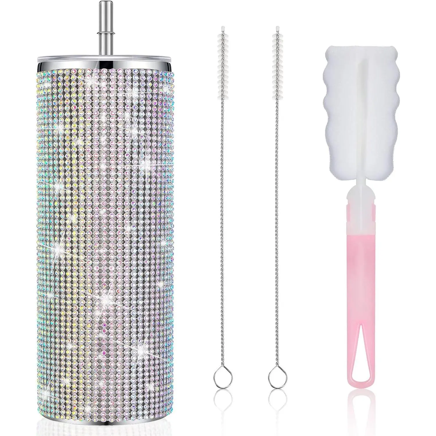 Tessco Cups Rhinestones with Straw Glitter Bottle Stainless Straw Cup with Lid Brush for Teacher Graduation Season Gifts(20 oz,Colorful)