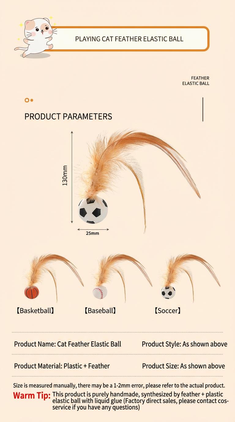 6-Pack Feather Bounce Cat Toys – Interactive Springy Balls for Cats, Basketball/Soccer/Baseball Designs with Soft Natural Feathers, Solo-Play Toys to Activate Hunting Instinct, Relieve Boredom & Anxiety, Safe Durable for Kittens & Adult Cats
