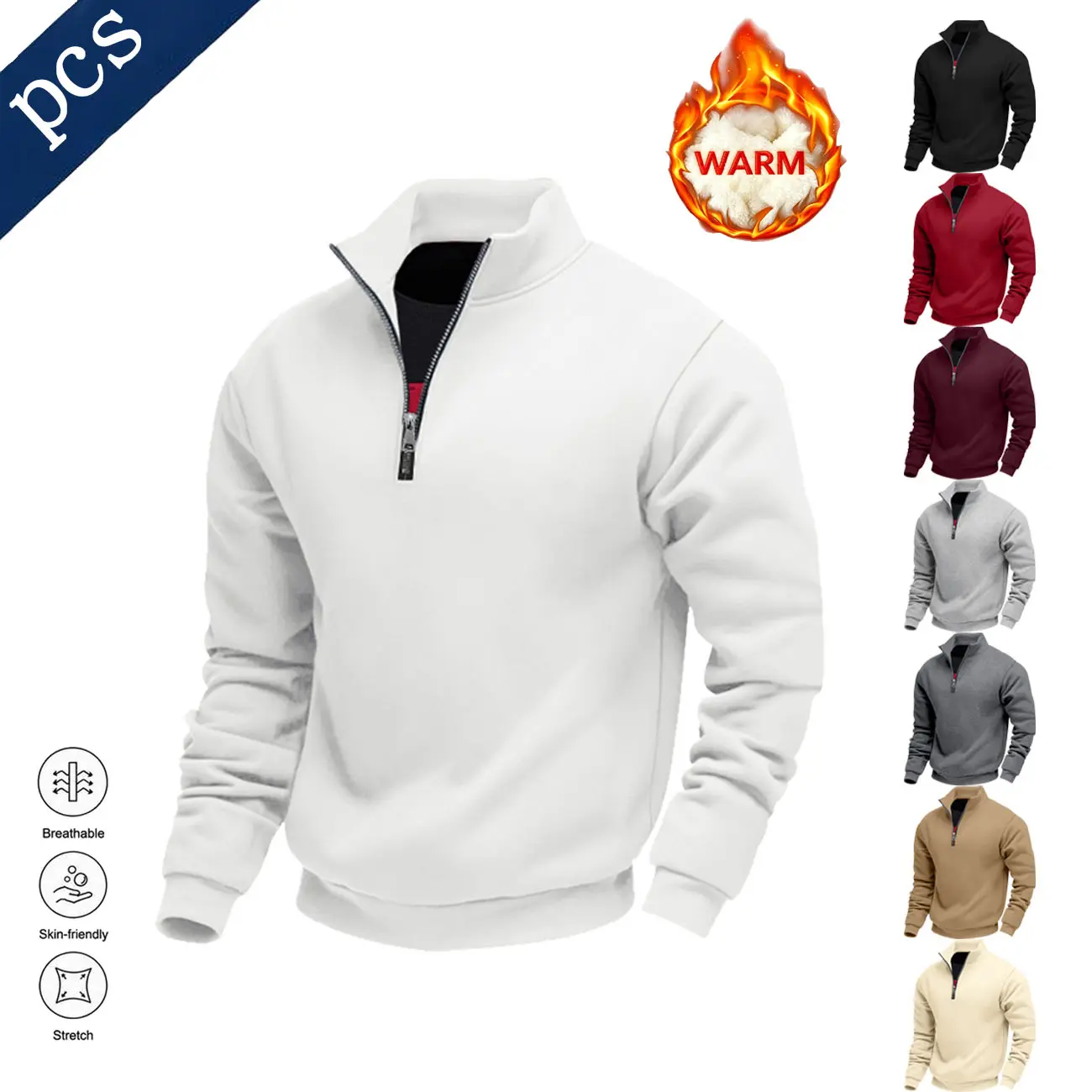 Solid color half zipper pullover sweater, velvet inside to keep warm, simple and loose version, daily casual wear in autumn and winter.