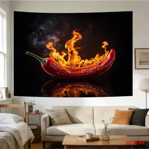 Printing Tapestry- Red Chili Pepper, Flames, Smoke, Black Background, Reflection, Room Wall Decoration, Suitable for Bedroom, Living Room, Meditation Area, Office, Party Decoration