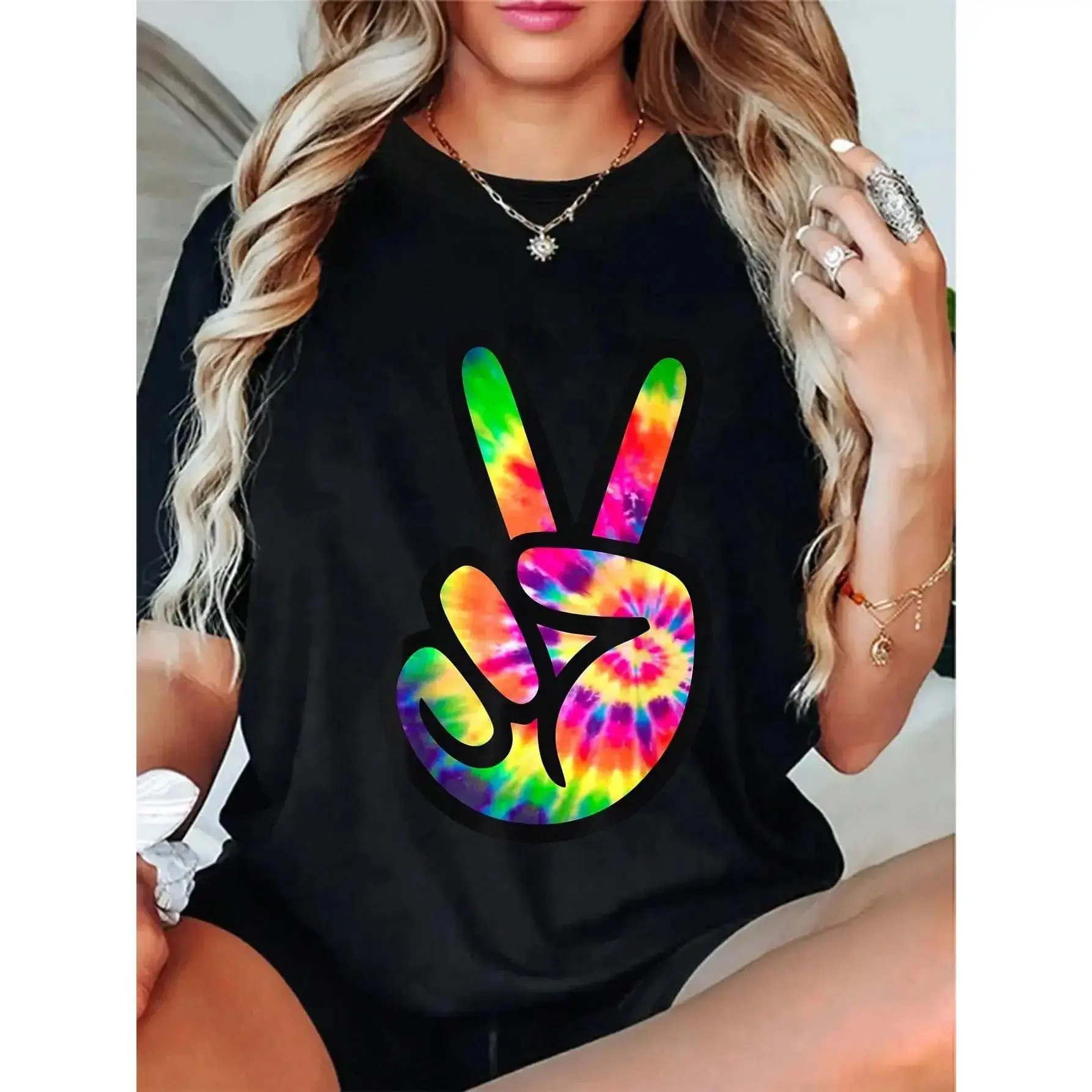 Cotton Short-Sleeve Graphic T-Shirt, Everyday Casual Vintage Tie-Dye Peace Sign Design for Retro Costumes, Shortsleeve