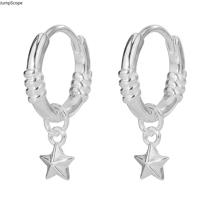 Women's 3D Star Dangle Silver Huggie Hoop Earrings - Double Coil Textured Snap Design, MDF+Steel, Hoop Shape, Daily Wear Matching Gift for Indoor Recreation Enthusiasts