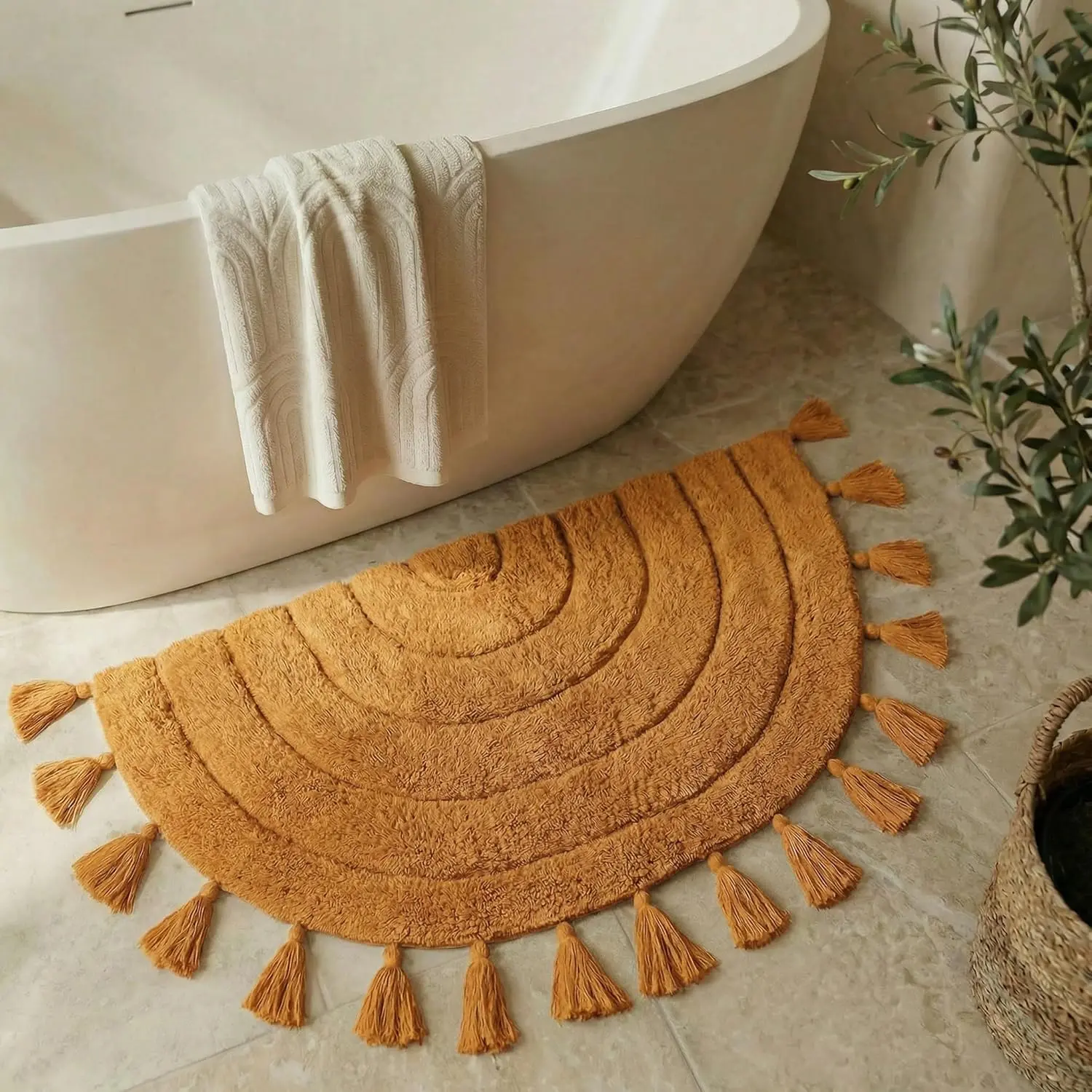 Beautiful Boho Rug with Tassels - Soft Half Circle  Bathroom Mat | Cute, Non-slip and Absorbent Crochet Rug Fits Perfectly to  Any Bath or Bedroom Decor