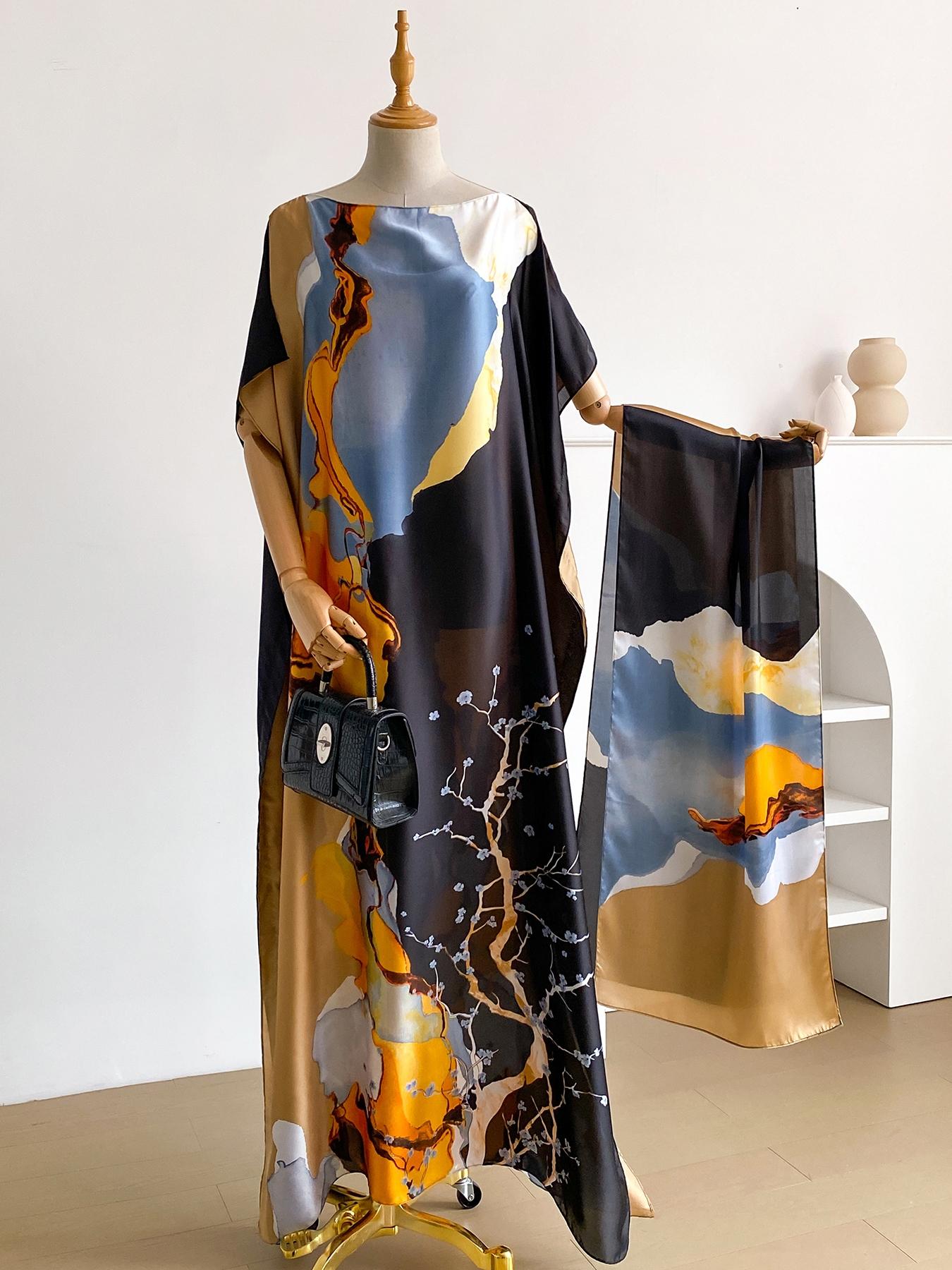 1 Piece Fashion Printed Robe Pullover Shawl moomoo Dress Long Wrap Silk Scarf Headband Ladies Womenswear Seaside Beach Sunshade Sunscreen Satin Silk Scarf