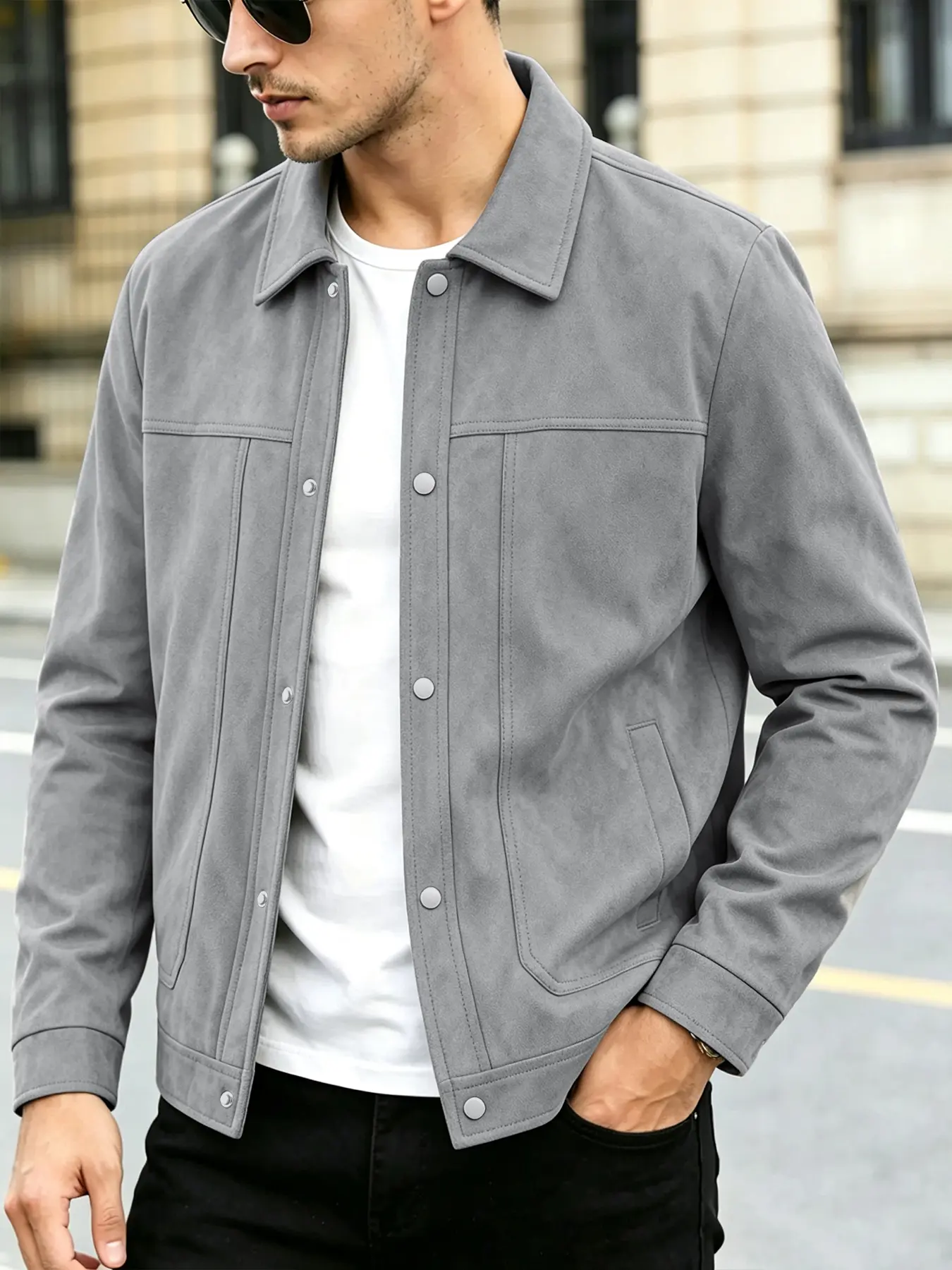 Men's suede casual jacket with snap closure and lapel design, light and business style, simple solid color jacket, easy to maintain fabric, suitable for daily life, work travel, and formal wear - Spring and Autumn