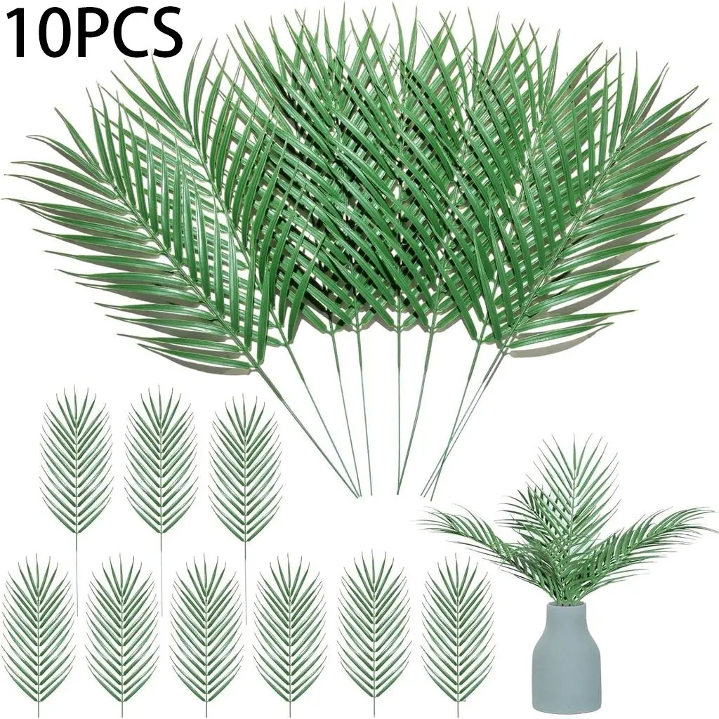 10 Pieces Realistic Tropical Palm Leaves, Plastic Foliage with Stems, DIY Floral Arrangement, Wreath, Home Garden Party Decor Supplies