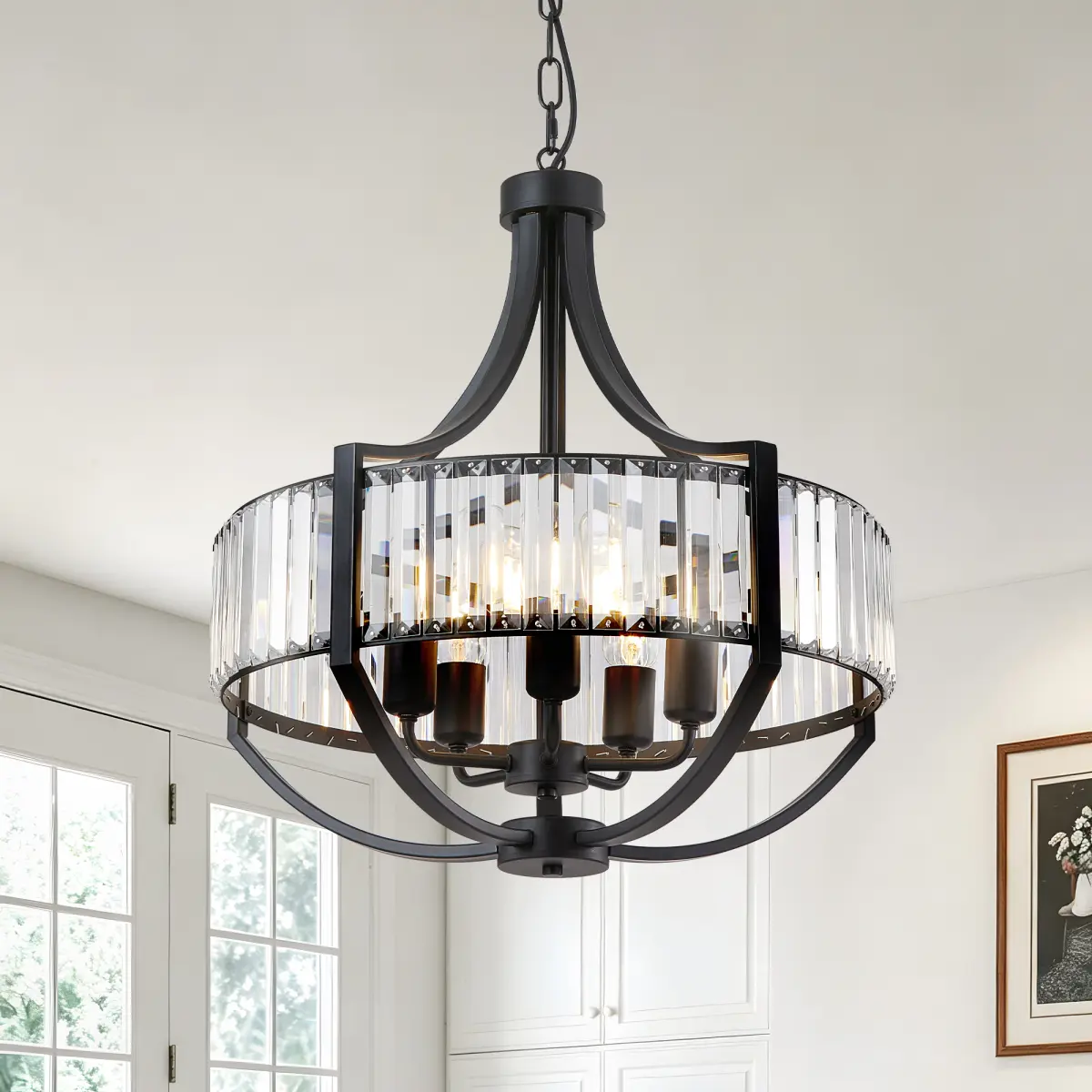 5-Light 20" Modern Farmhouse Crystal Glass Chandelier - 19.7x19.7x21.7" Adjustable Chain Black Antique Ceiling Mount Pendant Light with Crystal Strips for Dining Room, Living Room Indoor Use