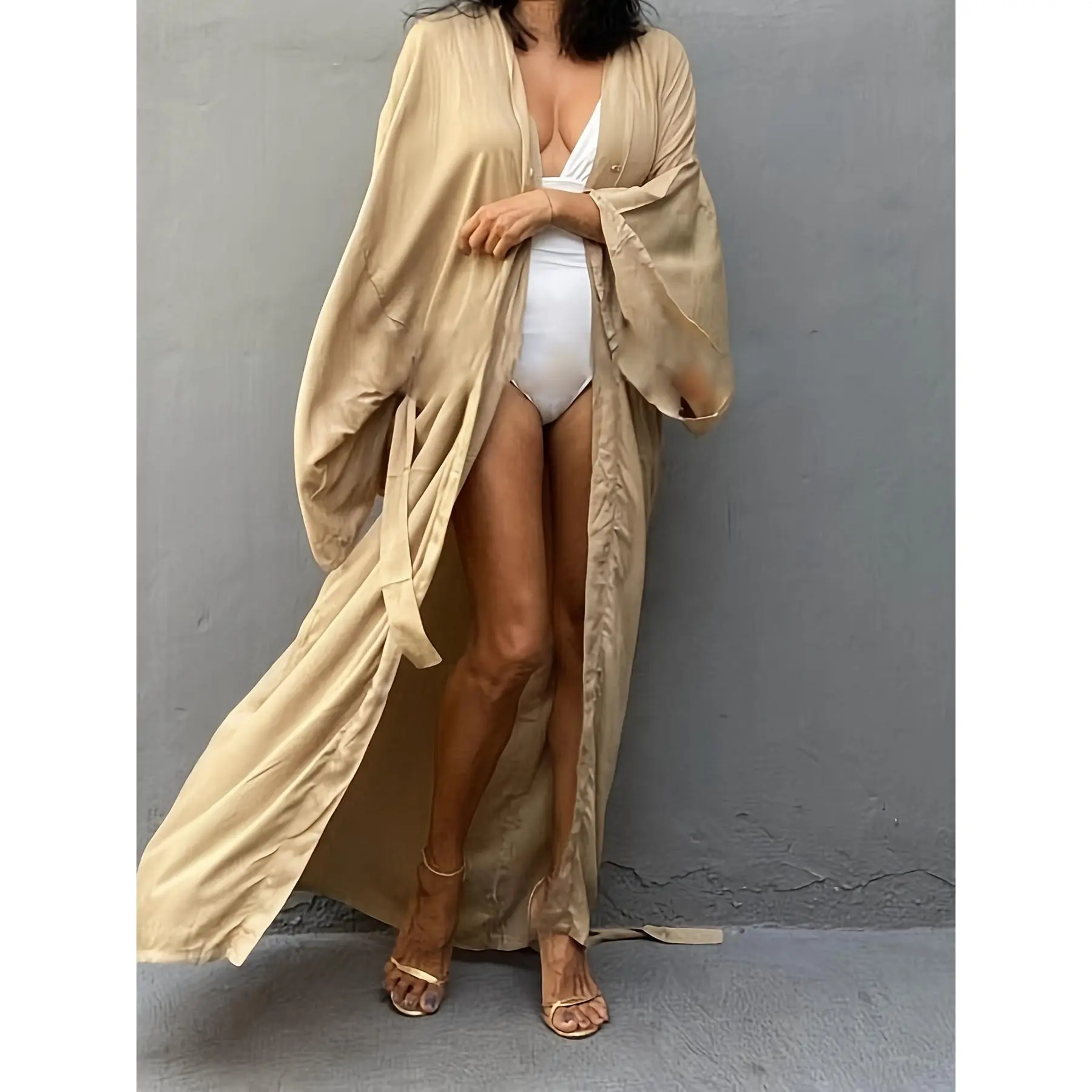 Women's Beige Kimono Cardigan - Casual V-Neck, Long Sleeve with Tie Waist, Lightweight Beach Cover-Up Dress, Breathable & Semi-Sheer for Vacation Layering, Casual Layering Piece|Flowing Beachwear|Breathable Fabric