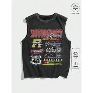 ROMWE MEN Street Life Spring/Summer Casual Graphic Men'S Racing Vintage Style Letter Print Tank Top, School