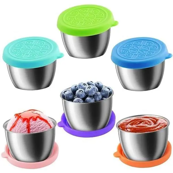 6-Pack 2.4oz Thickening Stainless Steel Salad Dressing Cups with Leakproof  |  Sauce Containers for Lunch Box, Travel, Picnics & Kitchen Storage Dishwasher Safe &