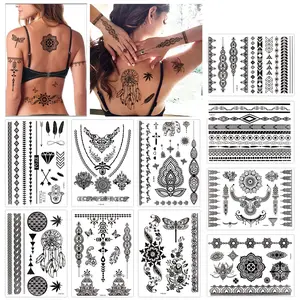 10 Sheets Henna Temporary Tattoo Black Art Stickers Lace Mehndi Body Transfers Tattoo for Women Adult Girls for Festival Party