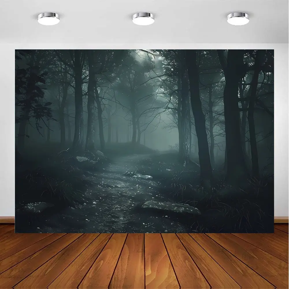 2D Flat Banner misty dark forest pattern polyester photography backdrop, HD digitally printed soft lightweight foldable background cloth, suitable for product photography, portrait shooting, video studio, livestream backgrounds, a