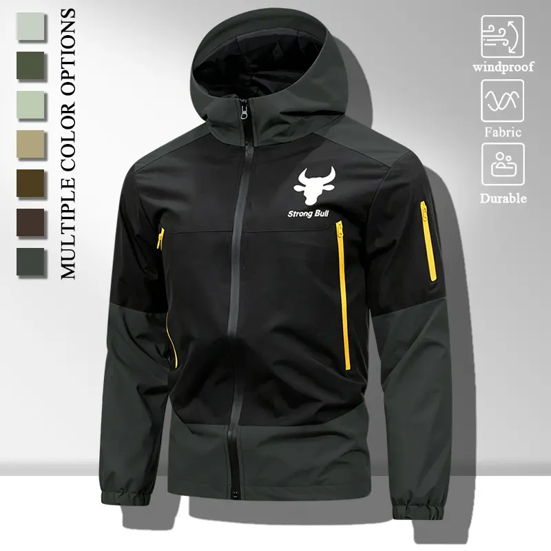 Men's Color Block Bull Print Hooded Windbreaker, Windproof Durable Breathable Shell Jacket With Zipper Pockets, Loose Fit Outdoor Hiking Camping Utility Coat, Multiple Solid Colors Available