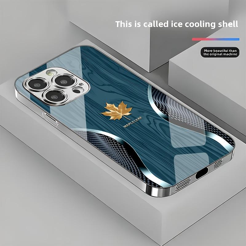 High-end electroplated business-style curved gold maple leaf wood grain pattern glass phone case, for iPhone 17 16 15 14 13 12 11 pro max