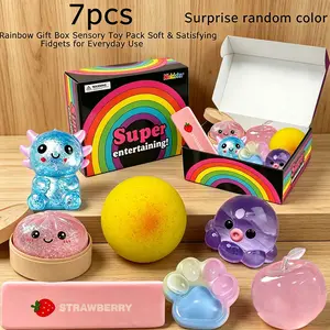 7 Pack Anxiety Relief Squishy Toys Set, Soft  Glitter Squeeze Balls with Cute Food & Animal Shapes, Portable Sensory Fidget Toys for Stress Relief, Perfect Classroom & Party Gifts for Kids Adults