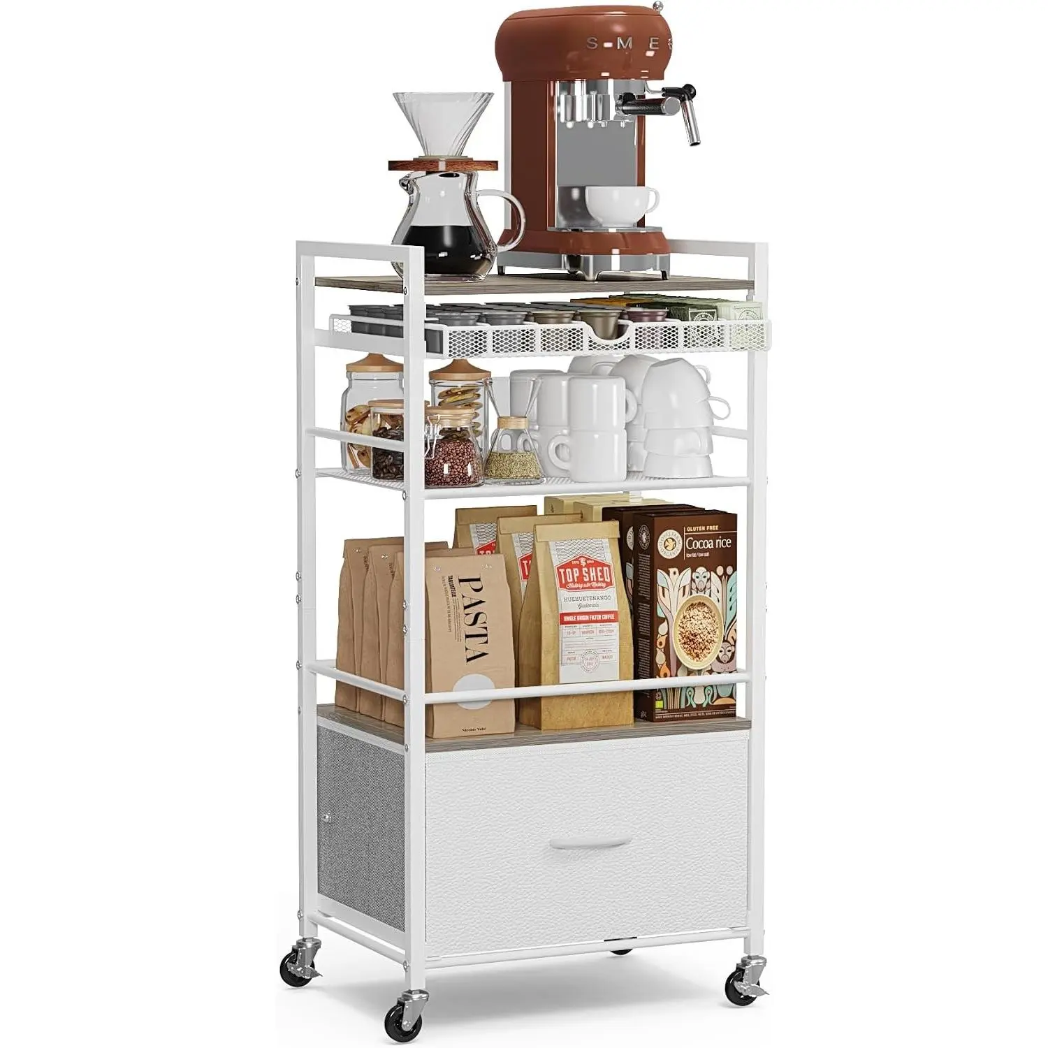 Coffee Bar Cabinet with Storage, 5 Tier Coffee Station Table on Wheels, 33.6" H Cart with Drawer for Home Kitchen, Liquor Buffet Sideboard Cabinet (Modern White)