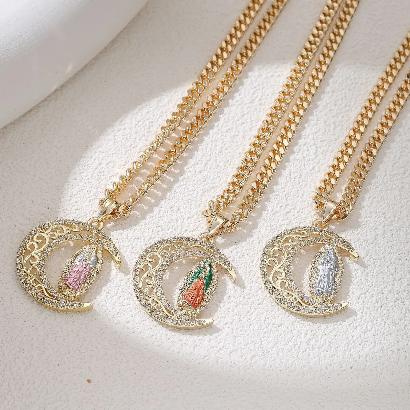 Pendant Necklace for Women Girls, Gold-Tone CZ Embellished Crescent Moon Virgin Mary Medal with Curb Chain, Catholic Religious Jewelry, Baptism Gift, Necklaces For Women, Medal Pendant, Religious Faith