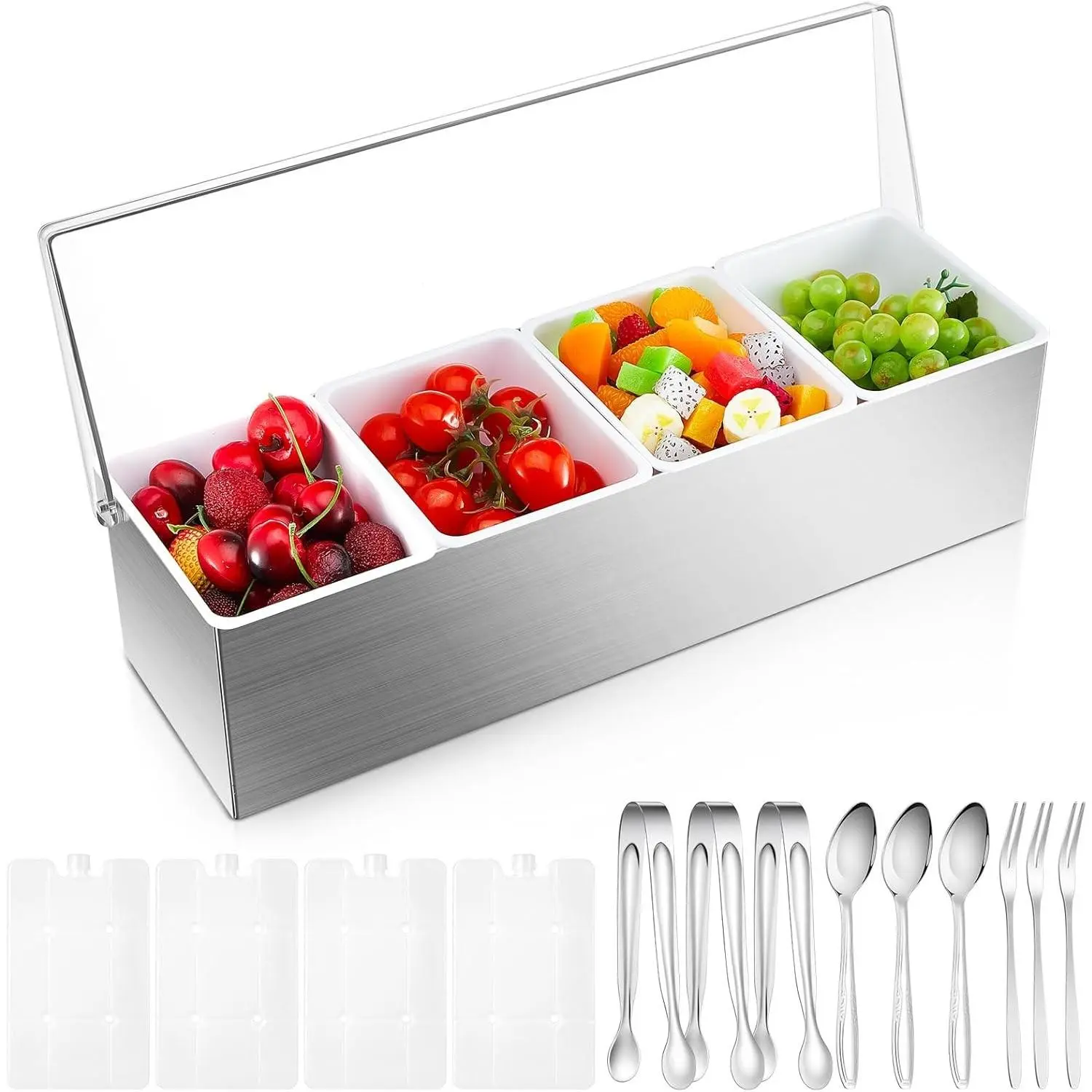 1 Pack Stainless Steel Chilled Condiment Server, 4 Removable Slot Toppings Containers with Lid & Bottom Ice Bar, Garnish Tray with 9 Silverwares 4 Ice Boxes for Christmas Party, Events & Bar