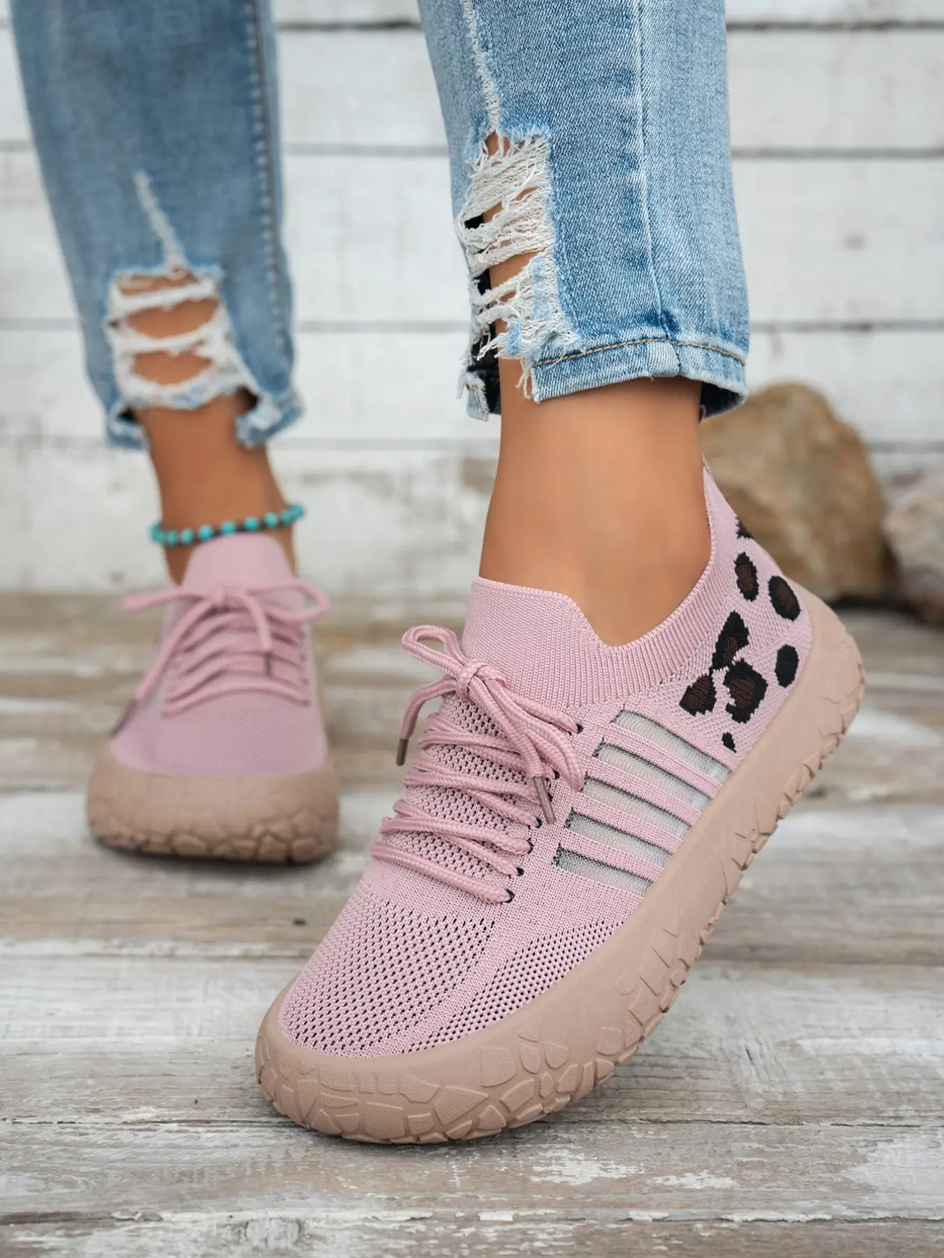 Women's New Fashion Comfortable Leopard Print Knit Sneakers, Trendy Walking Sneaker, Breathable Elastic Sock Lining, Thick Sole Anti-Slip Tire Bottom, Casual Outdoor Shoes