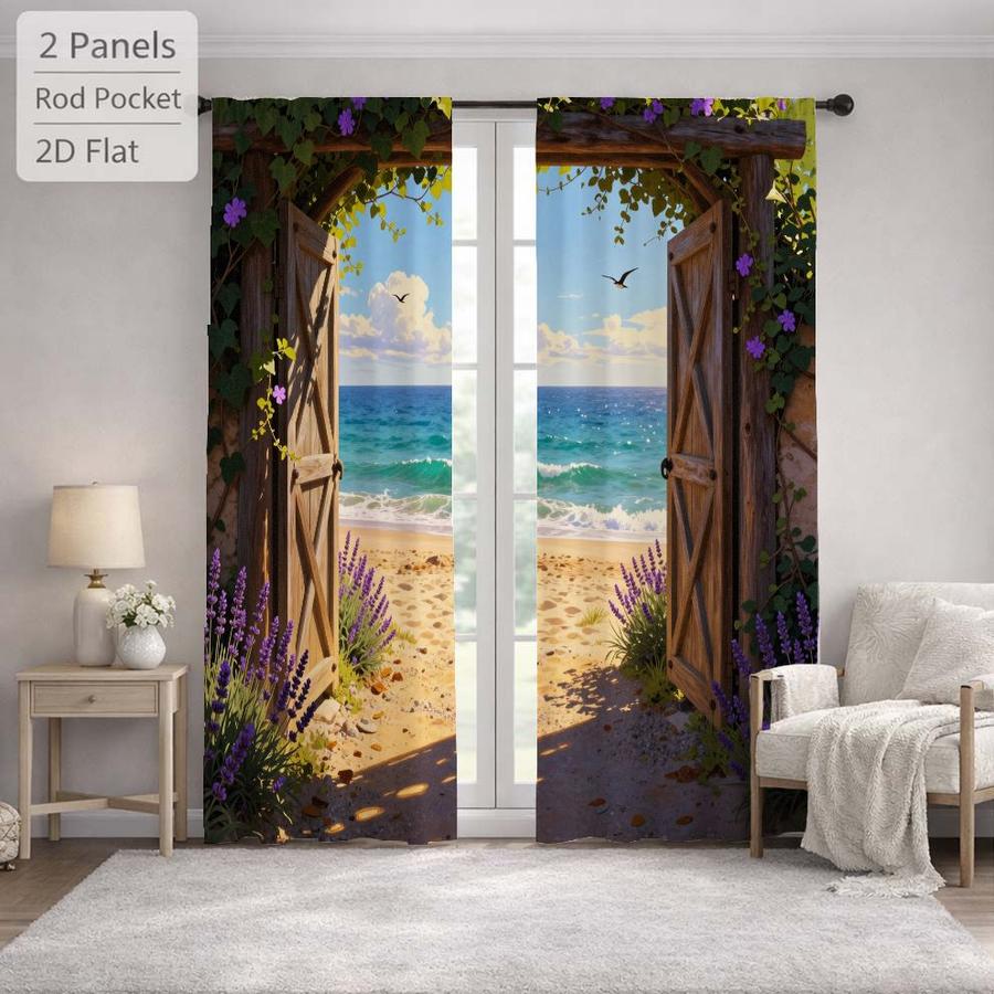 Coastal Landscape Beach Seascape Window Curtains 2Pcs Digital Print Rod Pocket for Bedroom Office Kitchen Living Room Study Home Decor Soft Light Filter Easy Installation