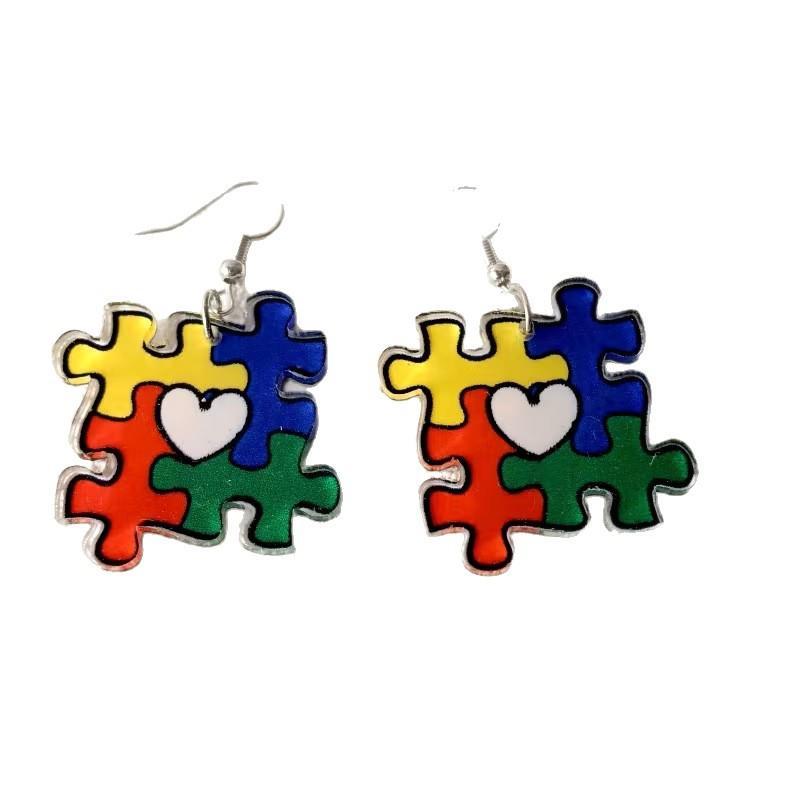 New Rainbow Puzzle Earrings European and American Style Creative and Versatile Autism-themed Heart Puzzle Ear Jewelry Accessory