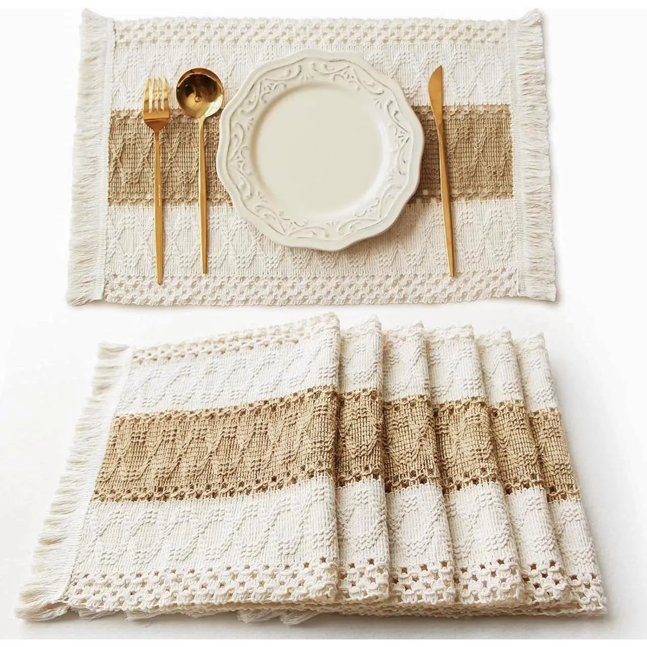 Boho Placemats Set of 6, Macrame Table Decor Farmhouse Style Placemats in Natural Cotton Burlap, for Kitchen and Dining Table Centerpiece Home Decorations（Beige & Brown）
