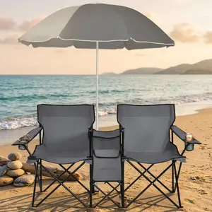 Folding Double Camping Loveseat Chair with Adjustable Umbrella, Side Table, Cooler Bag, Cup Holders, Side Pocket, Waterproof Portable Outdoor Furniture for Camping, Picnic, Patio