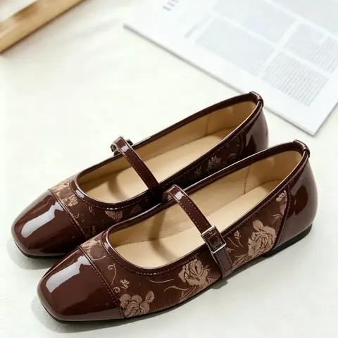 Women's Square Toe Mary Jane Flat Shoes, Fashionable Flats Shoes, Multi-Color Retro Faux Fur Decoration, Low Heel Slip-On Design, Comfortable Spring & Fall Footwear