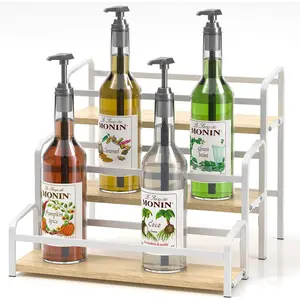 3-Tier Coffee Syrup Organizer 12 Bottles Capacity Magnetic Coffee Syrup Rack, No Installation Syrup Stand for Spice Wine Liquor Bottle Coffee Bar Station (Light-colored wood White)
