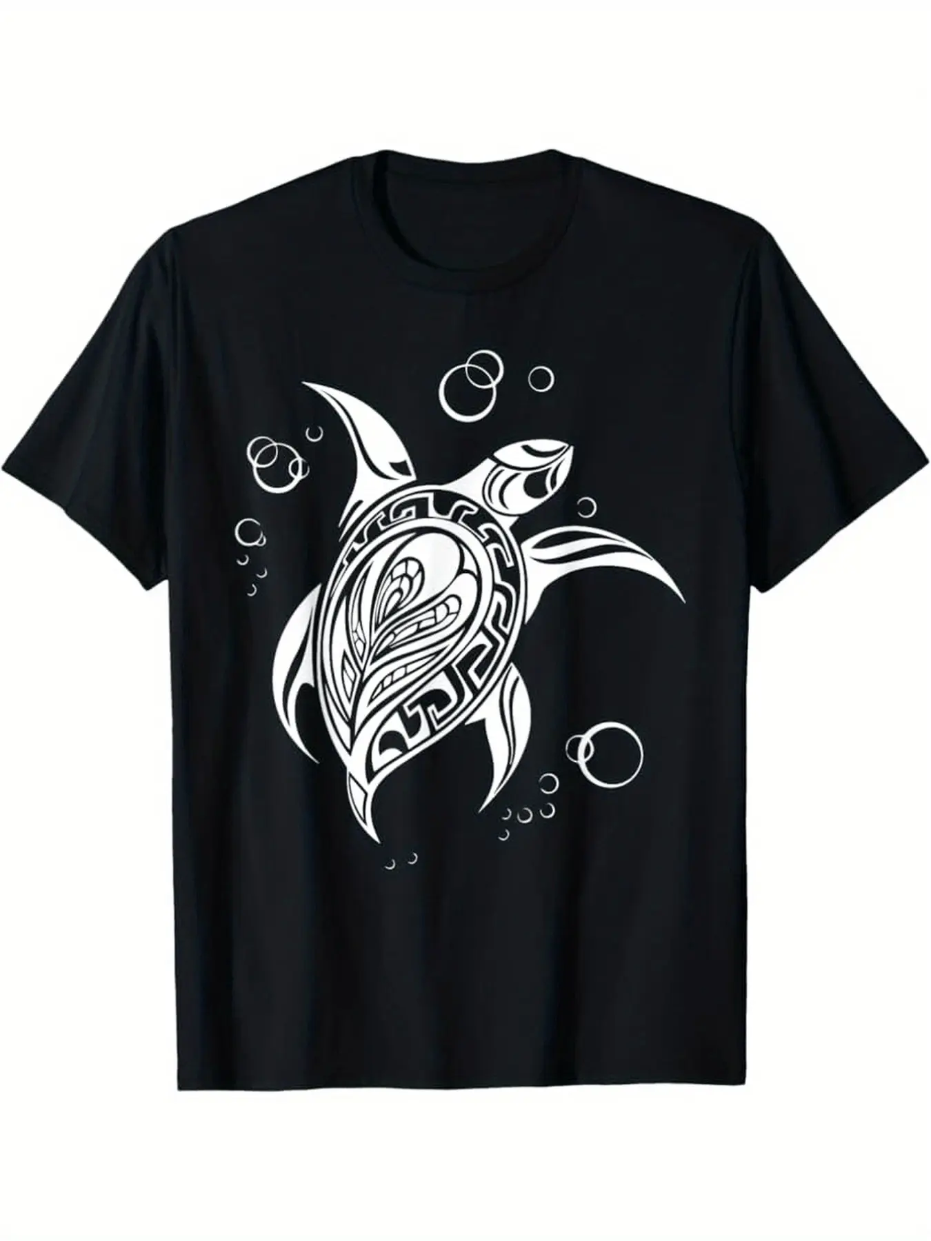 7.5oz Turtle Polynesian Style Tattoo Pattern T-Shirt, Loose-Fitting Long Sleeve Top, Casual All-Season Clothing, Unisex Design