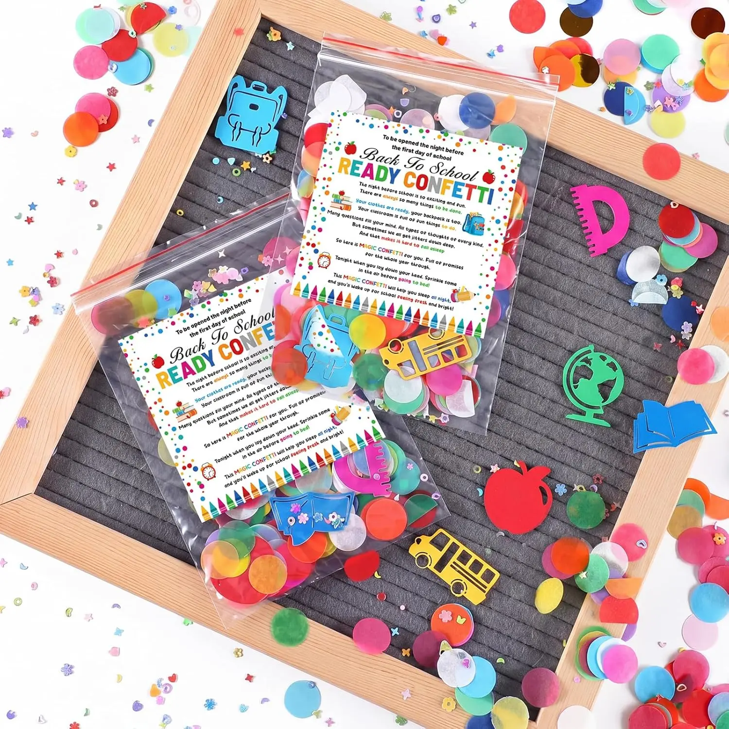 24 Sets Back to School Confetti Jitter Glitter Gifts Ready First Day of School Confetti Bags with Poem Sticker for Teacher Classroom Night Before Prek Gifts Anxiety Relief Favor