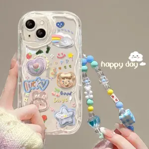 Korean 3D Bear Hang Phone Chain Lanyard Clear Soft Phone Case For iPhone 17 Air 16 15 14 Pro Max 11 13 12 Mini Plus Cute Cover bodycam,phone case