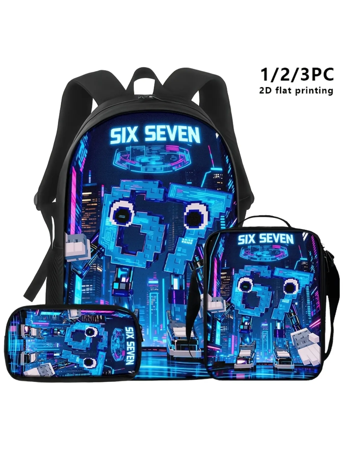 3pcs Backpack, Shoulder Bag, Pouch • Blue Cyberpunk 'SIX SEVEN' Robot Print • Futuristic Tech Design for Students, Professionals, or Trend Enthusiasts • Ideal for Commuting, School, Travel