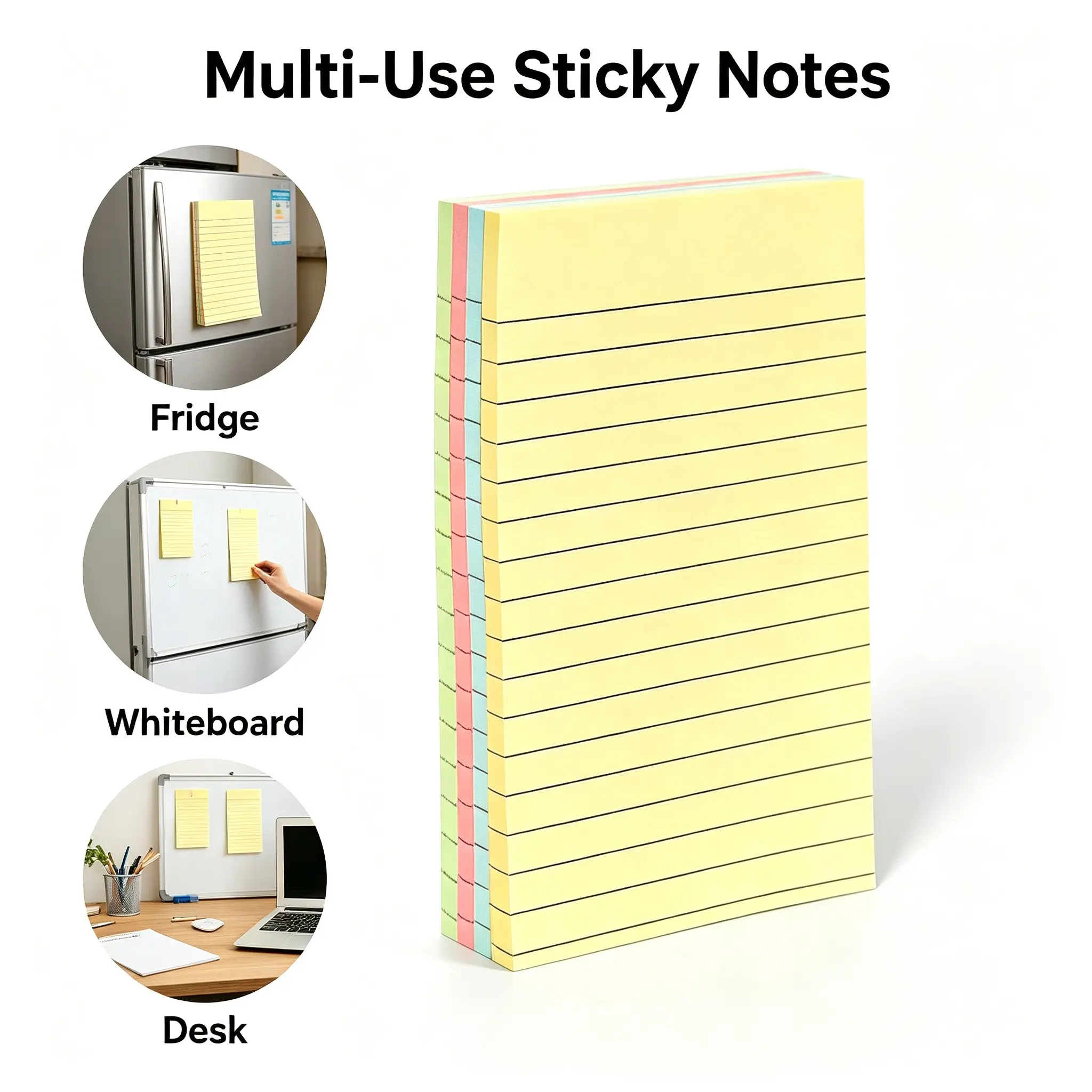 4 in 1 Color Large Ruled Sticky Notes Bright Self Adhesive Notepad 200 Sheets Strong Adhesive No Curling Reusable for Office Home School Creative Memo Schedule Reminder Helper