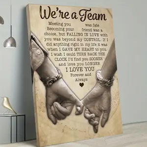 1pc Framed Canvas Poster "We're A Team Meeting You Is Destiny" - Romantic Couple Gift with Interlocked Hands & Heart Poem, Valentine's Day Wall Art for Bedroom, Love Decor, Emotional Artwork, Home Decoration, Inspirational Quote, 2D Flat Print