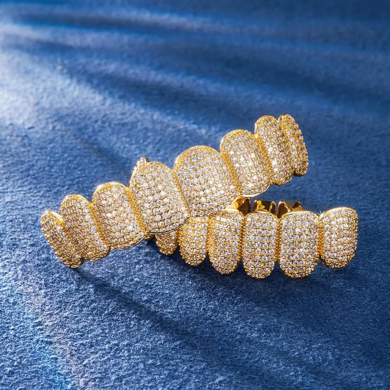 Iced Out Cubic Zirconia Grillz for Men & Women - Gold Silver Micro Pave Top Bottom Teeth Jewelry, Unisex Glitter Gift Oral