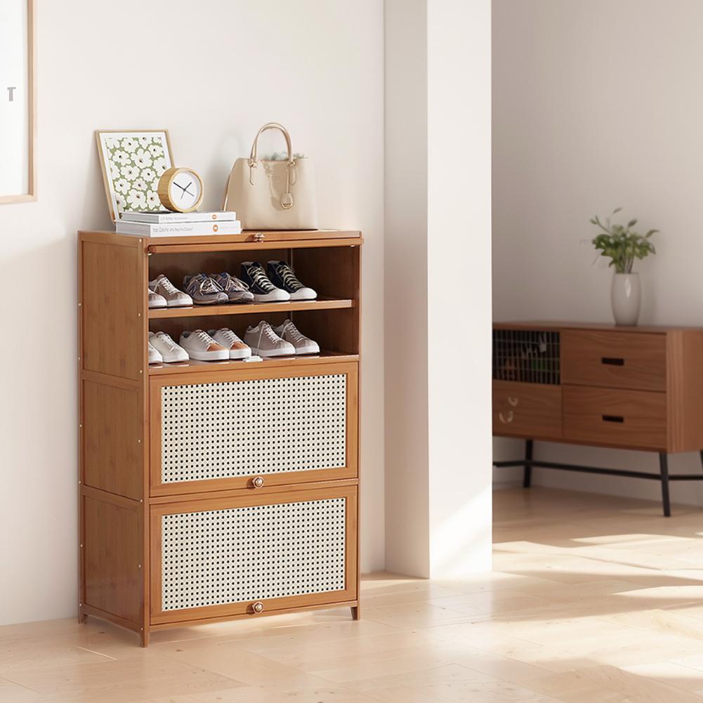 Tipping Bucket Shoe Rack Organizer with 2 Flip Drawers & Door Entryway Narrow Shoe Storage Cubby 7-Tier Bamboo Free Standing Shoe Storage Shelf for Closet Hallway Entryway