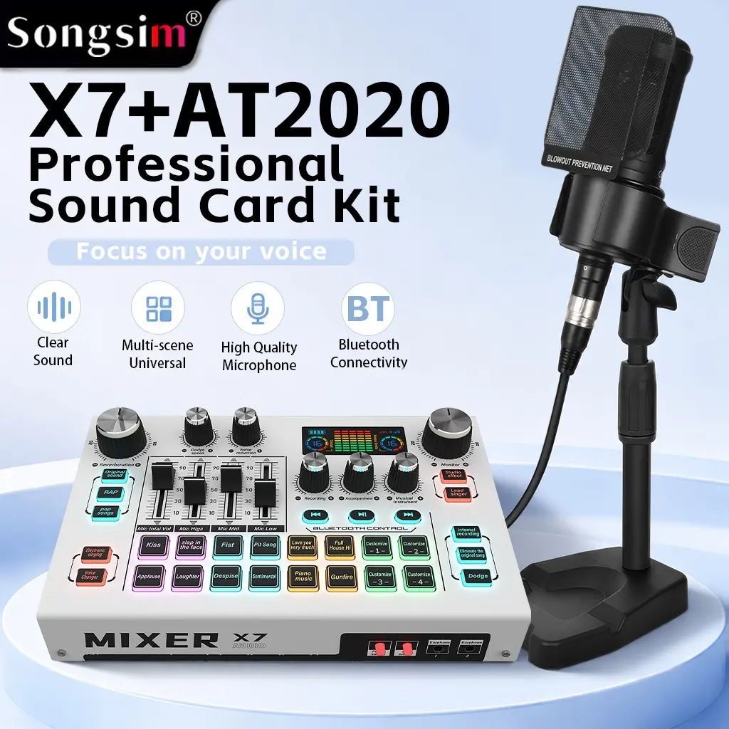 X7 Mixer with AT2020 Microphone, All-Metal Body, 48V Phantom Power Podcast Audio Console, Supports Dual Host Live Streaming, EQ Adjustment, Real-Time Monitoring, Scene Simulation, Sound Effect Recording & Voice Changer Function, Ideal for Gaming Podcasts,