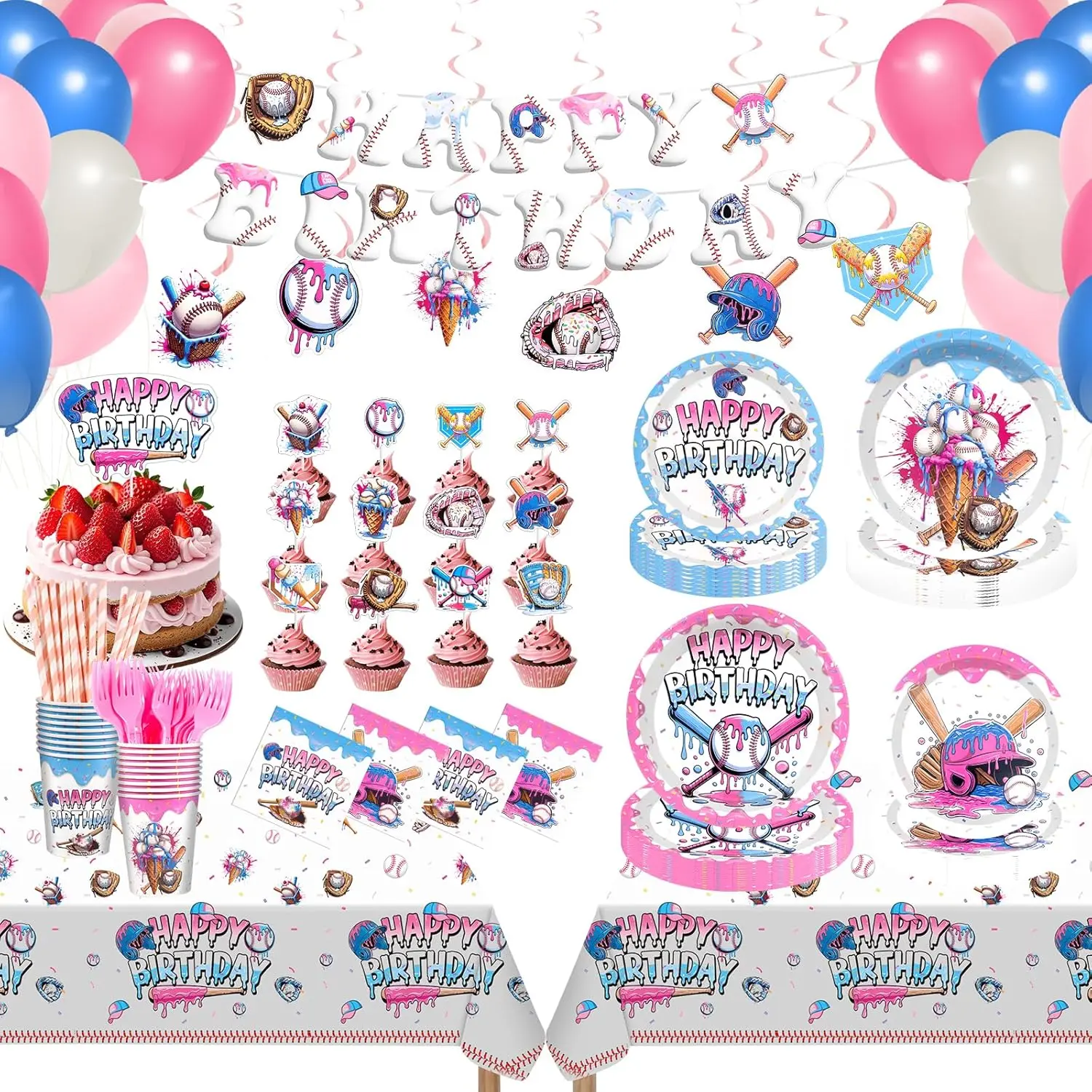 192Pcs Ice Cream Drip Baseball Birthday Party Decorations Set Includes Plates Napkins Cups Banner Balloons Tablecloth Cake Topper for Team Gift Sport Birthday Camping Baby Shower Parties,Serve 24