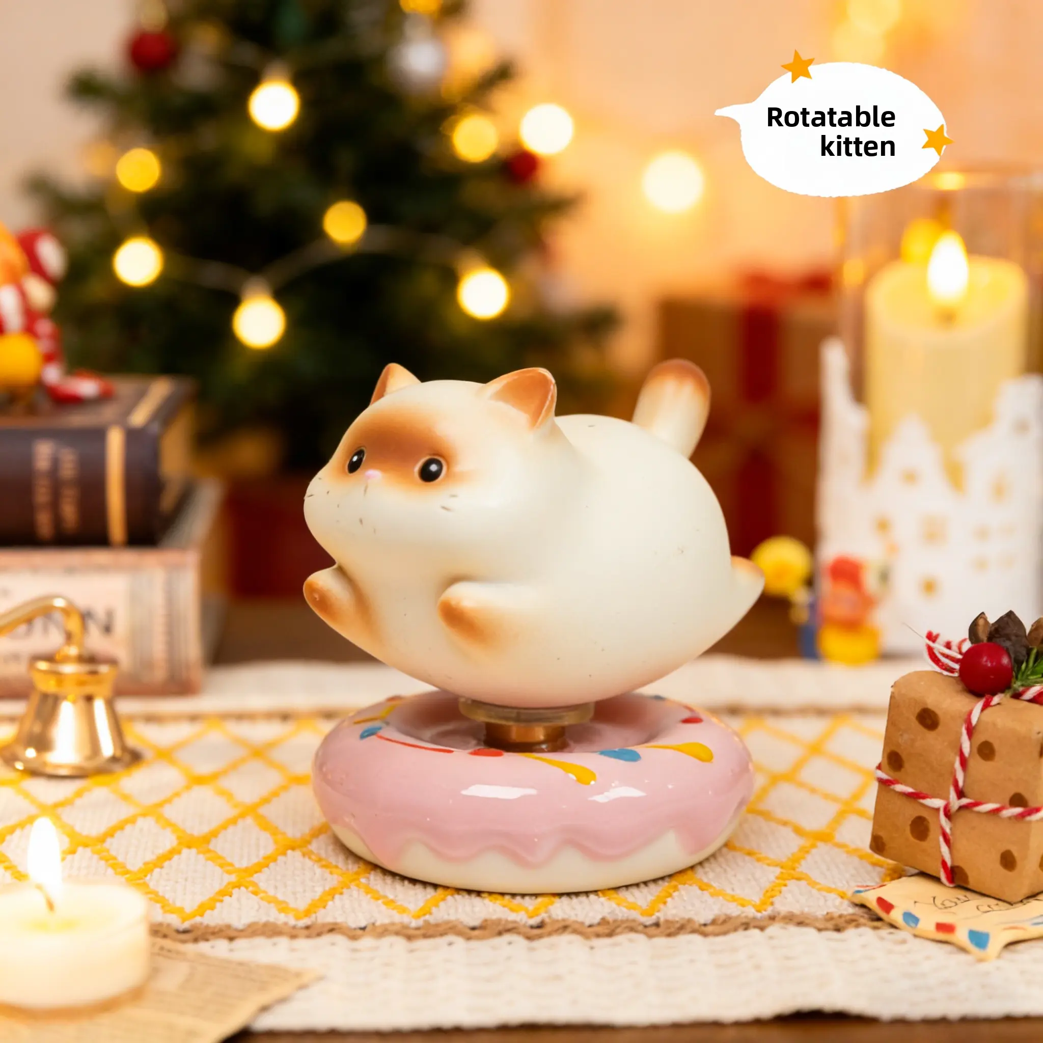 Jingdezhen Ceramic Rotating Siamese Cat Ornament with Foam Donut Base - Modern Shockproof Home Decor Statue, Stress Relief Desktop Piece, Travel Gift