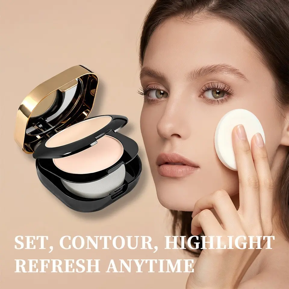Collagen Dual-Layer Twin-Tone Powder Cake, Contour & Brighten Combo, Long-Lasting Setting, Oil-Control, Soft Focus, Makeup Base Powder, Face Pressed Powder