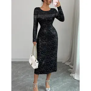 Women's Elegant Black Sequin Long Sleeve Dress with Fringe Hem & Round Neck - Slim-Fit Bodycon Mid-Length Sparkling Party Dress for Winter, Christmas, New Year's Eve, Birthdays & Special Occasions - Machine Washable