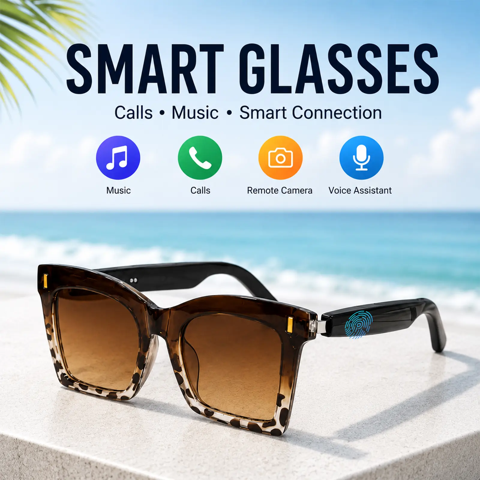 Smart Glasses, Fashion Bluetooth Sunglasses for Men Women with Open-Ear Speakers, Hands-Free Calls, Touch Control, Remote Photos and Voice Assistant