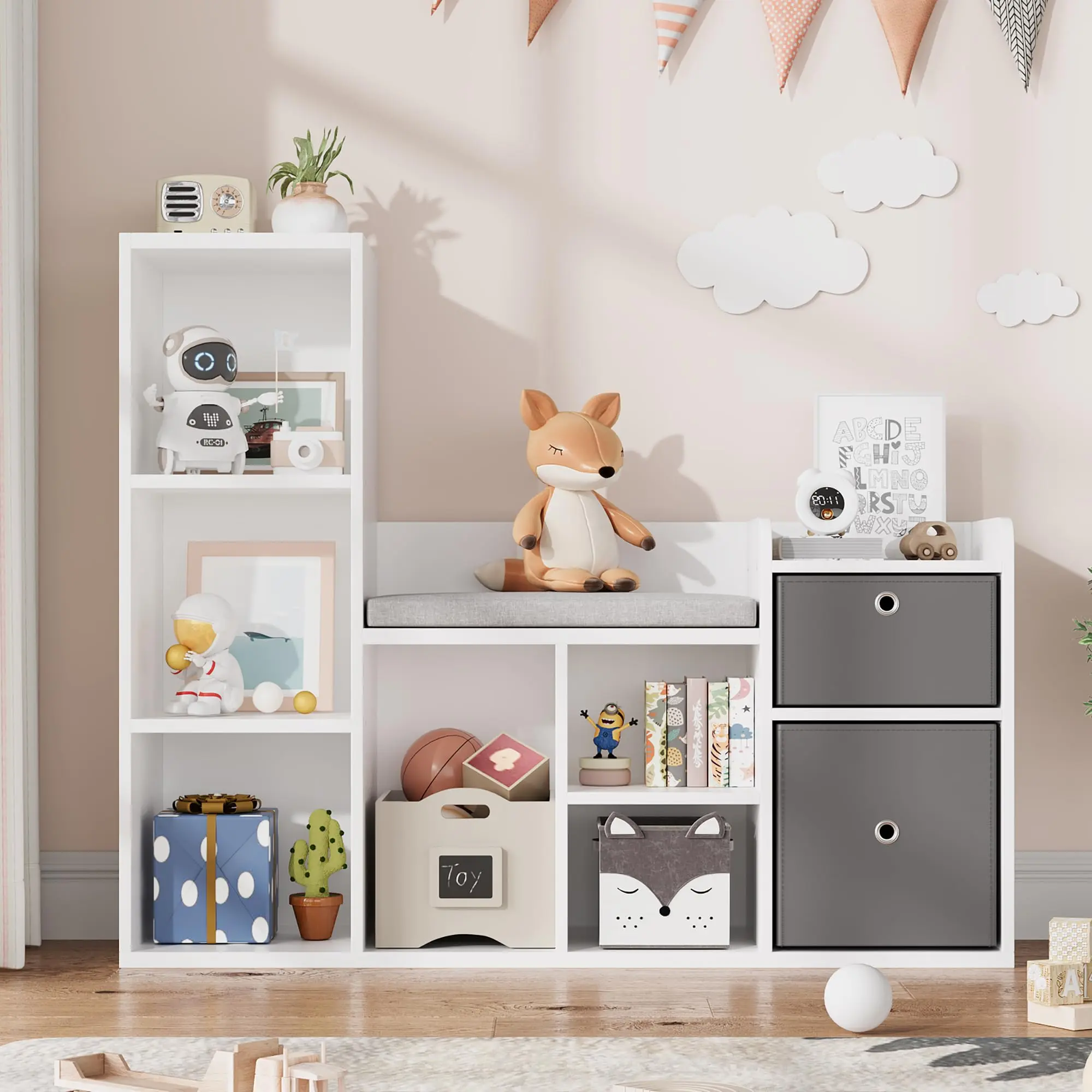 44.1" Kids Bookshelf with Reading Nook, Montessori Toy Organizer and Bookshelf, 2 Fabric Drawers, Reading Nook Bench for Kids, Wooden Bookcase Storage Cabinet for Bedroom, Playroom and Entryway