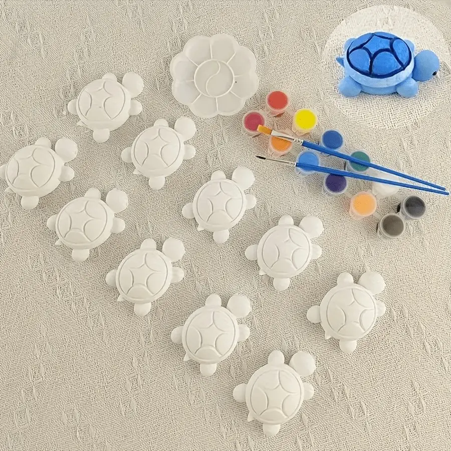 15-Piece Mini Art Set, Includes 10 Solid Color Turtle Models, 2 Brushes, 1 Palette, 12 Acrylic Paints, Perfect Gift for Artists
