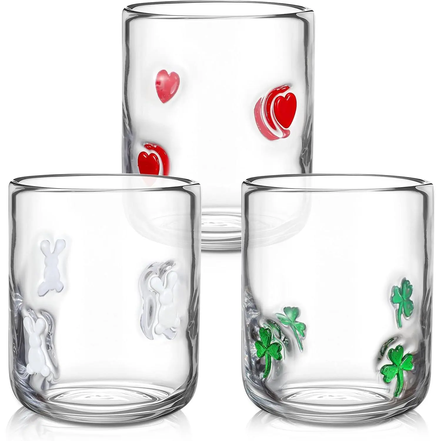 3 Pack Holiday Icon Juice Glass Set, Easter Bunny Juice Glasses St. Patrick's Day Shamrock Drinking Cup and Heart Cocktail Glasses for Holiday Celebrations, Parties, and Gifts