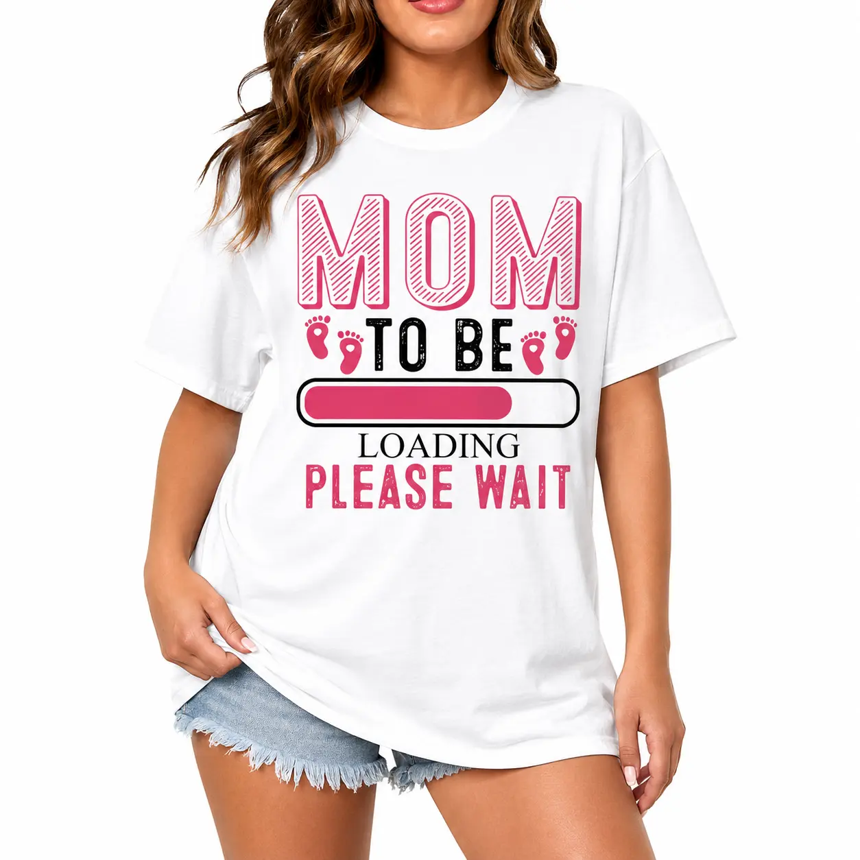 Women's Funny Pregnancy Announcement T-Shirt - Mom to Be Loading Please Wait Footprints & Heartbeat Graphic, Round Neck Short Sleeve Maternity Top for Showers, Mother's Day Gifts