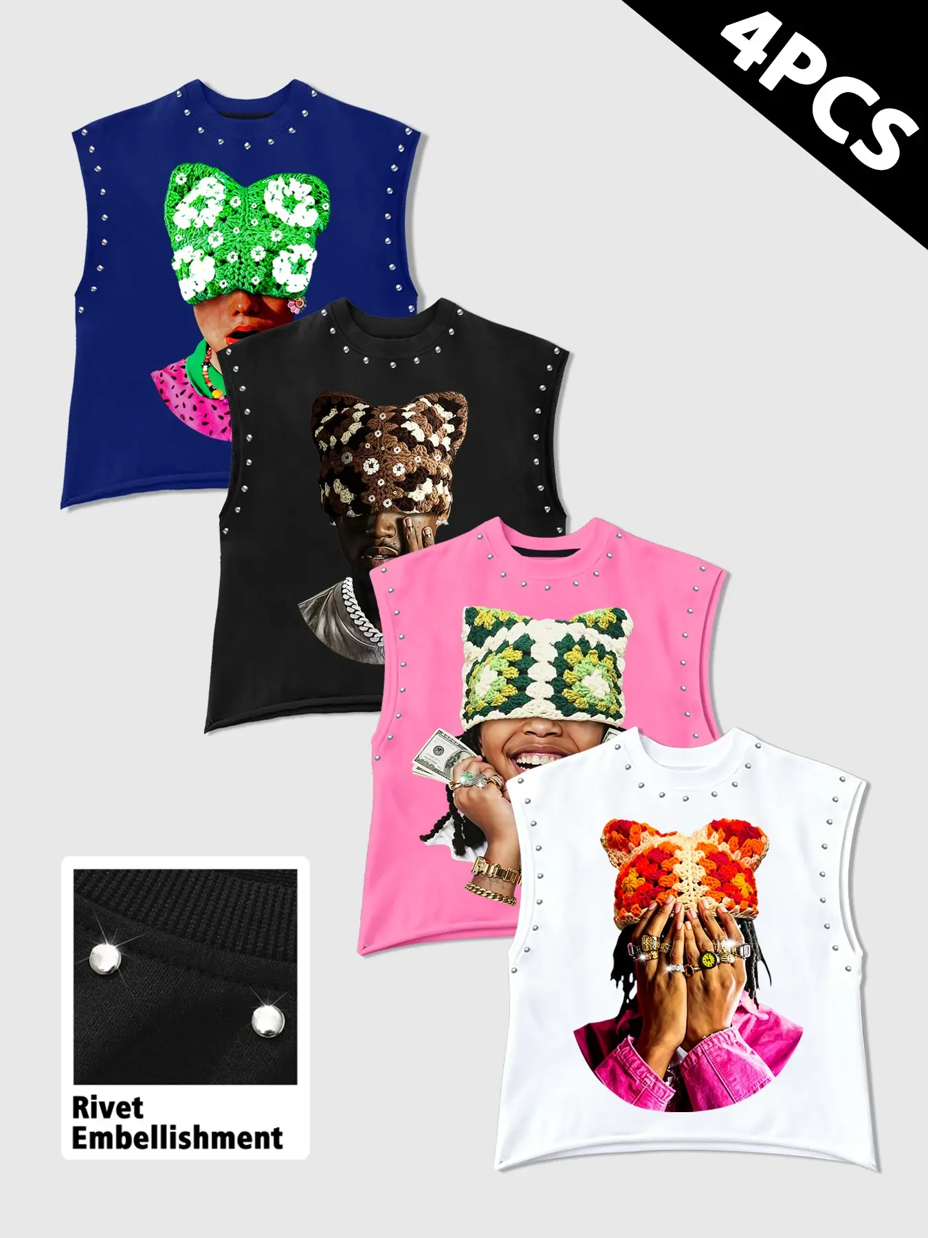 Men's 4-Piece Set Rivet Sleeveless Vest, Hip-Hop Knit Cat Hat Graphic Portrait Print, Loose Fit Colorful Muscle Tank Top, Casual Streetwear
