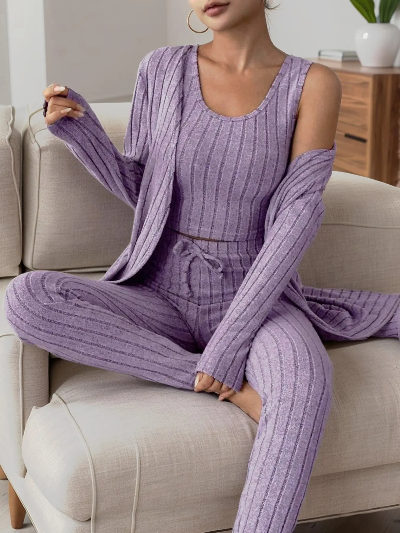 Women's Solid Color Ribbed Knit Tank Top, Long Pants, and Jacket Three-Piece Set, Cozy Home Wear, Comfortable Lounge Clothing, Pajamas