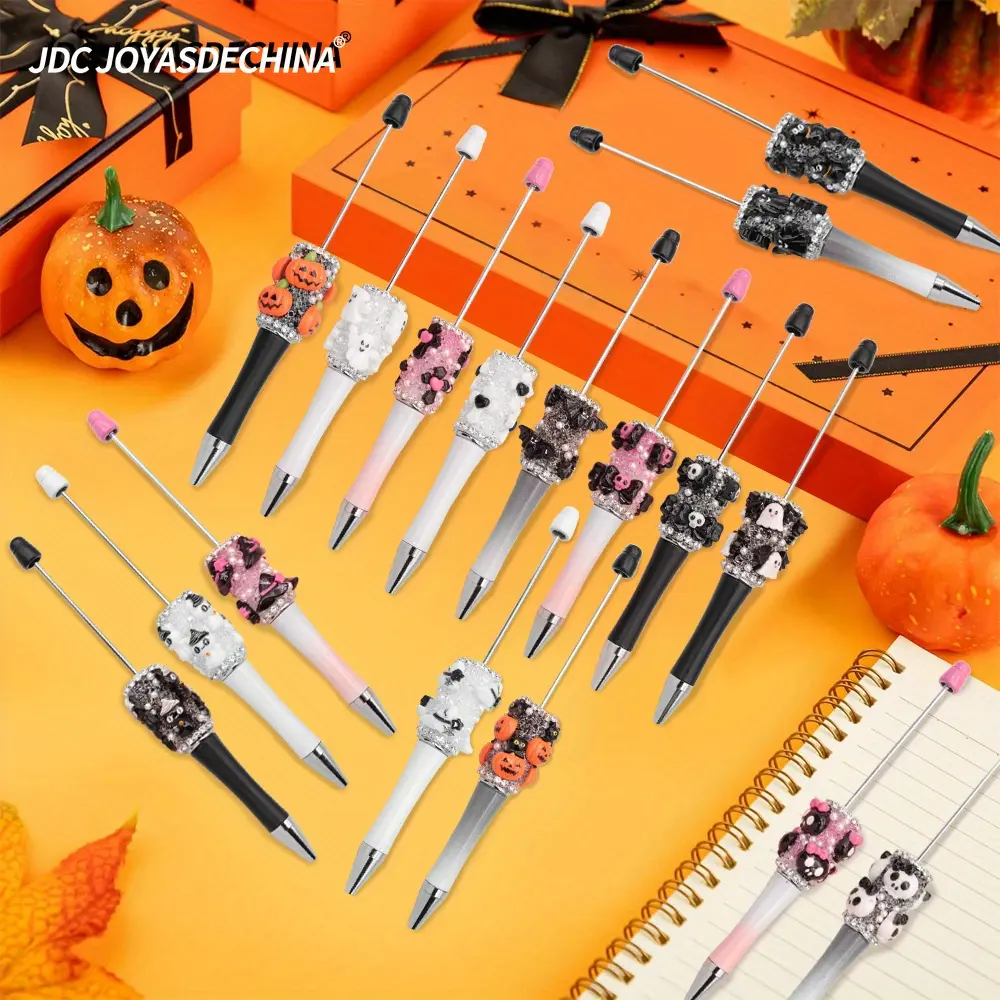 Halloween Theme Heavy Beads Mixed Set 8/9pcs DIY Beadable Pens - Skull, Ghost, Pumpkin Designs for Gifting, Party Favors (Office Stationery Writing Tools)